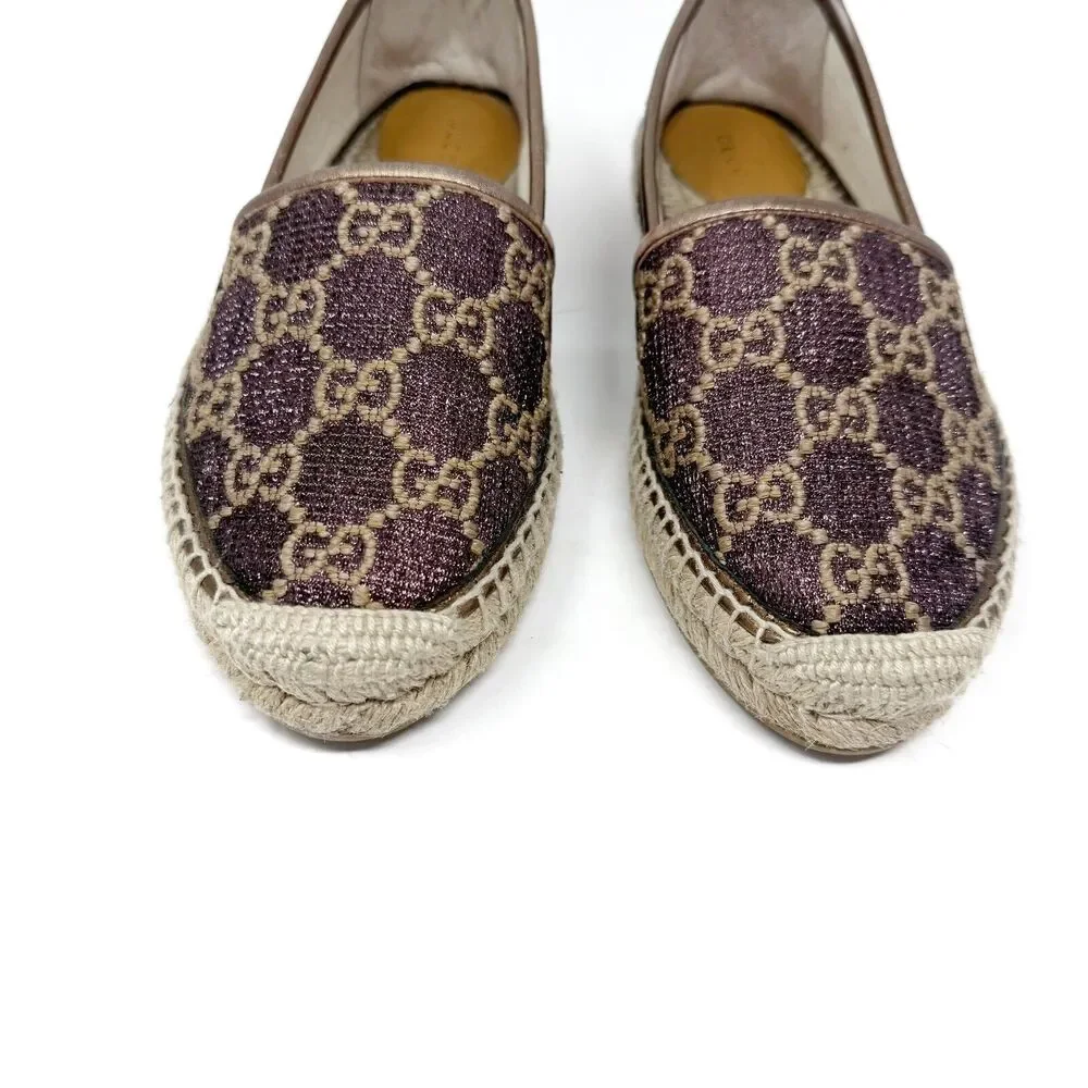 Gucci GG Logo Lurex Lamé Espadrilles Brown Beige Monogram Flats EU 37.5 US 7.5 - Picture 3 of 14